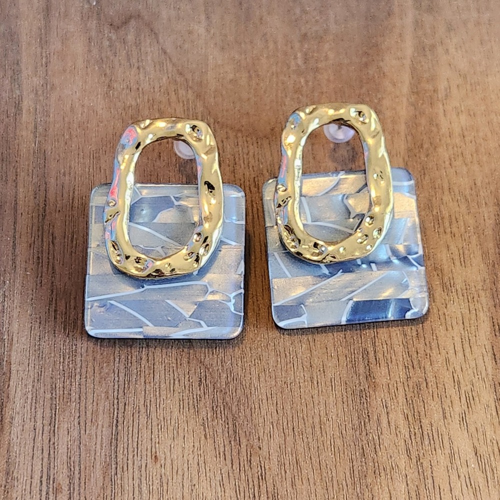 Blue Marbled Resin Gold Hammered‎ Geometric Square Drop Statement Earrings